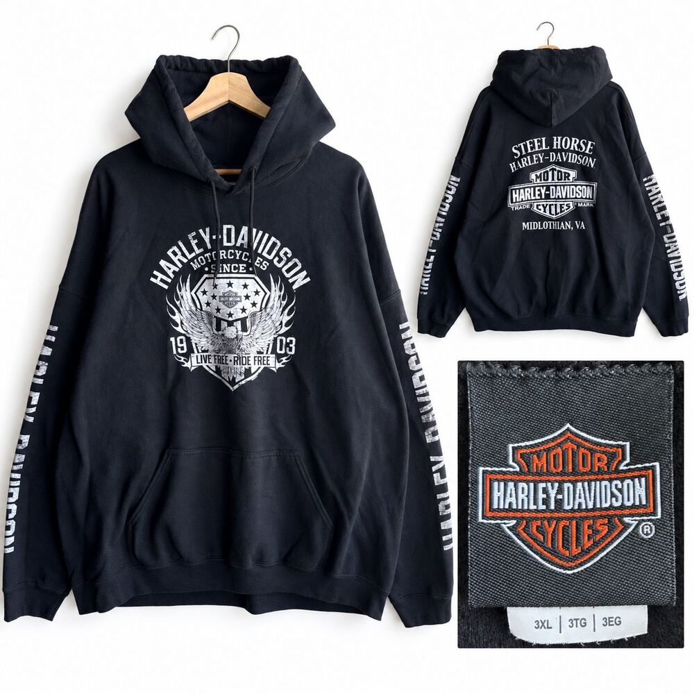 Harley Davidson Hoodie Mens 3XL Black Steel Horse Midlothian VA Graphic Pullover